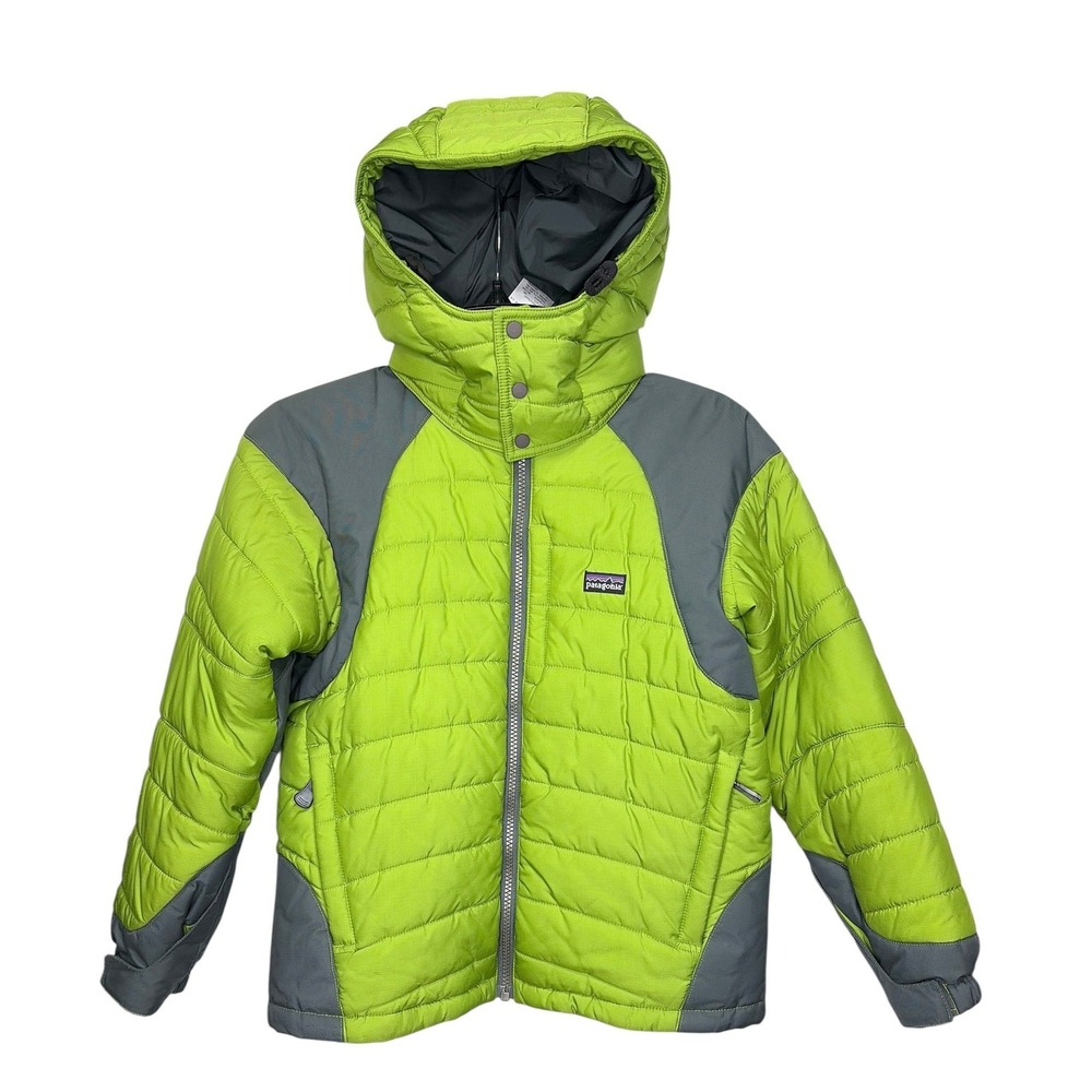 Patagonia Kids 10 Puff Rider Insulated Hooded Jacket Green Grey Quilted Full Zip